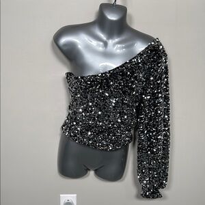 Francesca's Collections Black Sequin Asymmetrical Top